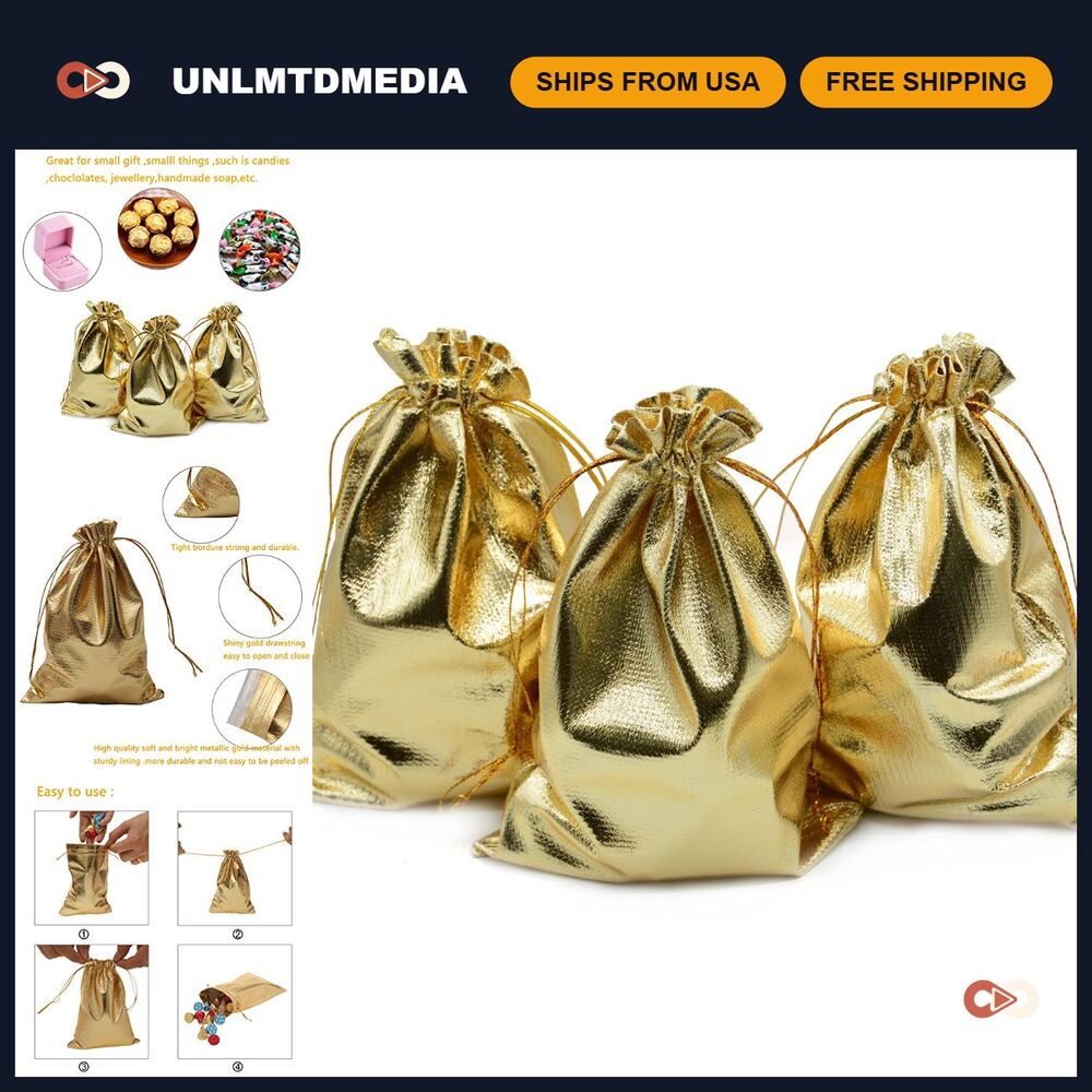 100 Pcs Gold Drawstring Gift Bags - Mini Jewelry, Candy, Goodie Party Favors
